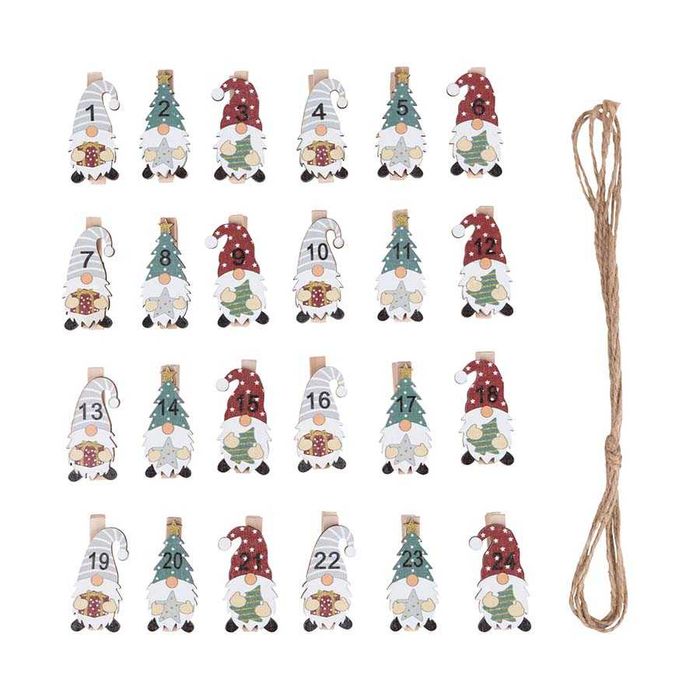 Коледен календар Комплект 24 дървени щипки за адвент календар 3 вида