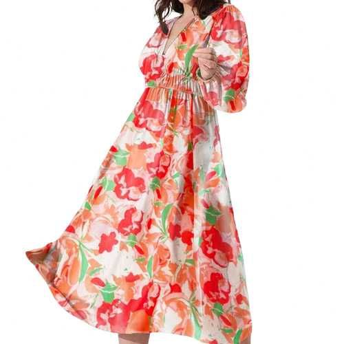 Rochie lunga florala cu decolteu in V si maneci lungi