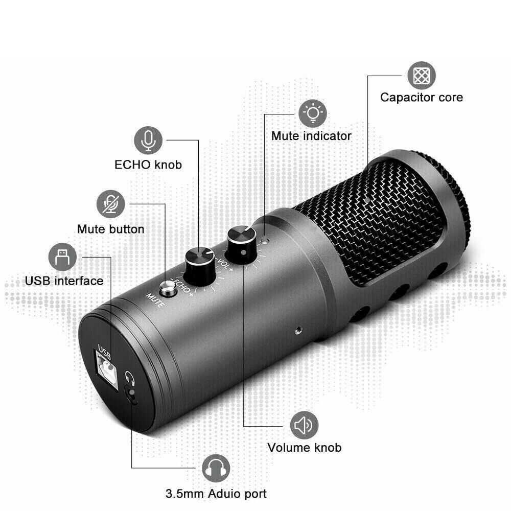 Комплект кондензаторен микрофон за стрийминг на подкаст USB Stu,ЧЕРЕН