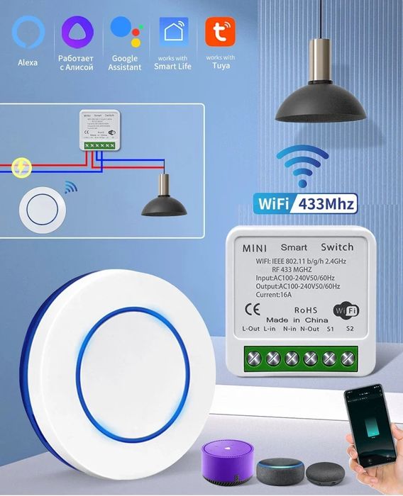 Tuya Smart WiFi мини-суич 16А + RF433Mhz безжичен бутон за управление