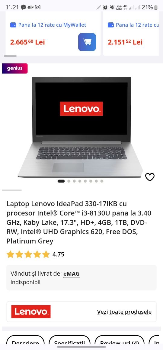 Laptop Lenovo IdeaPad 330-17IKB cu procesor Intel® Core™ i3-8130U pana