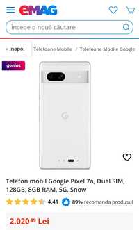 Telefon mobil Google Pixel 7a, Dual SIM, 128GB, 8GB RAM, 5G, Snow
