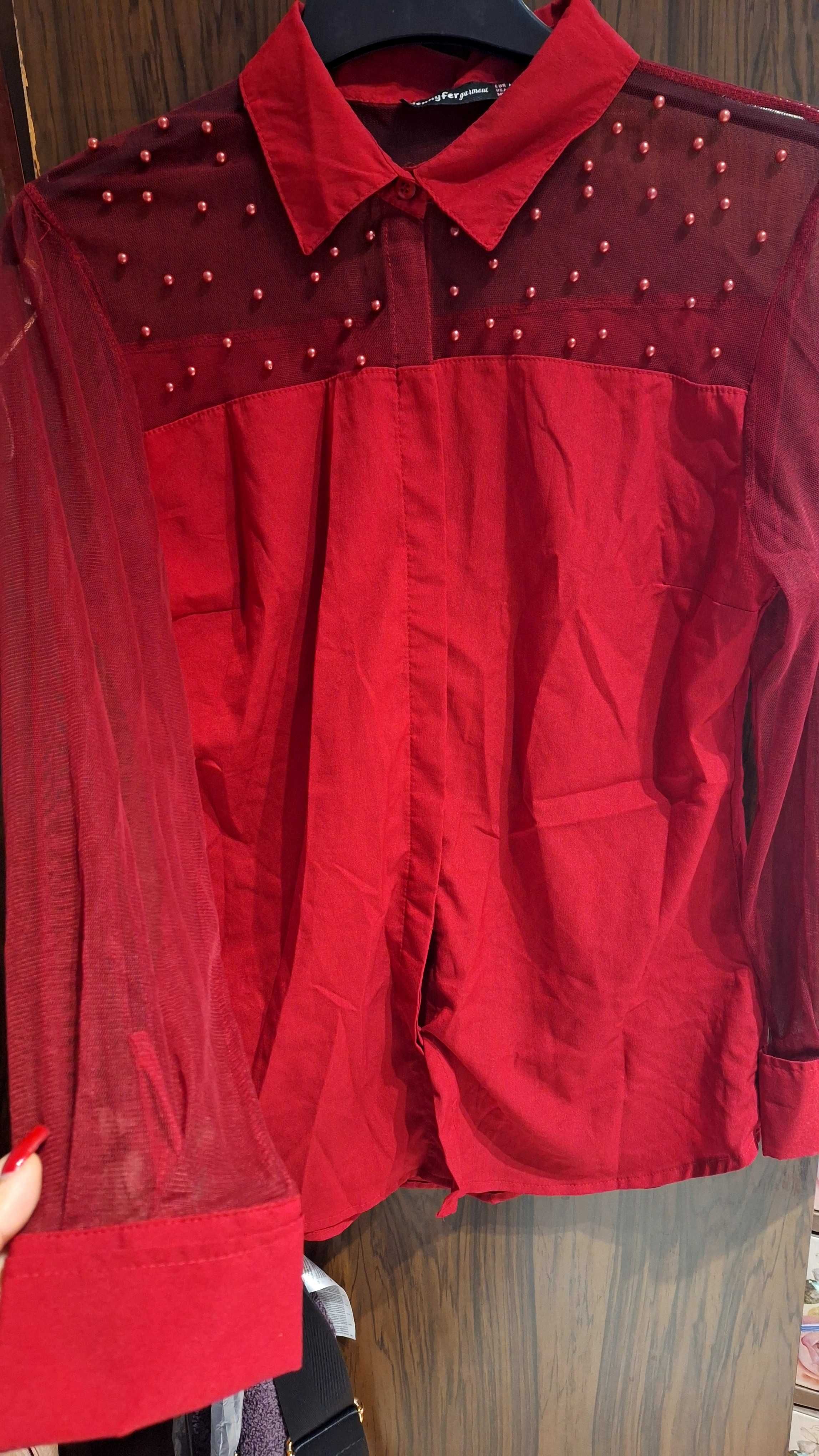 Червена риза,ръкав тюл,с перлички