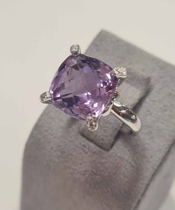 Inel din aur alb 18k, cu ametist natural si diamante naturale, IAU778