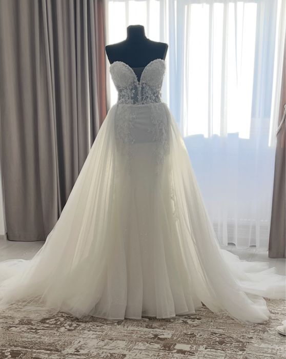 Rochie de mireasă tip sirenă+voal+ trenă detașabilă