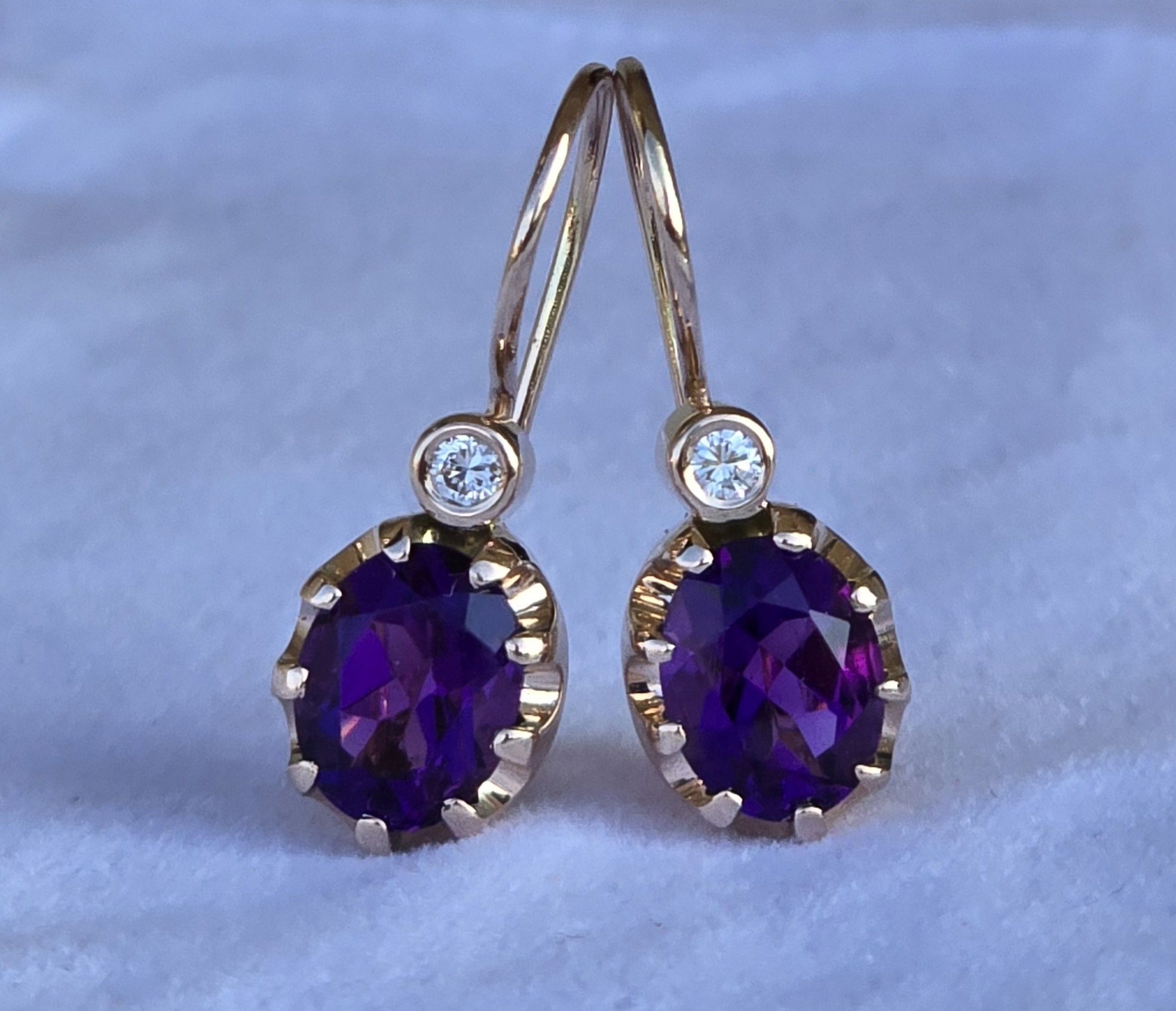 Cercei din aur galben de 14k cu diamante și ametiste naturale