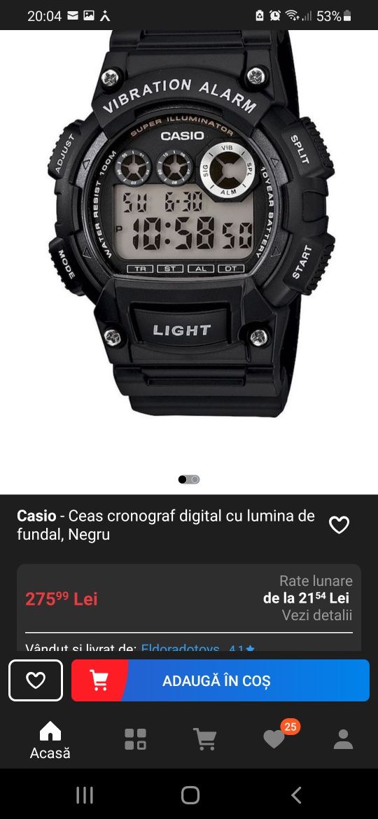 Casio - Ceas cronograf digital cu lumina de fundal,