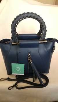 Дамска тъмно синя чанта от естествена кожа - Anna Morellini. НОВА