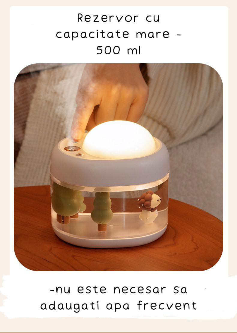 Umidificator cu lampa de veghe si proiector 360°, 500 ml