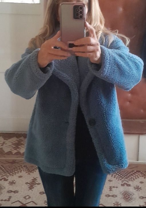 Дамско синьо палто тип Teddy Bear