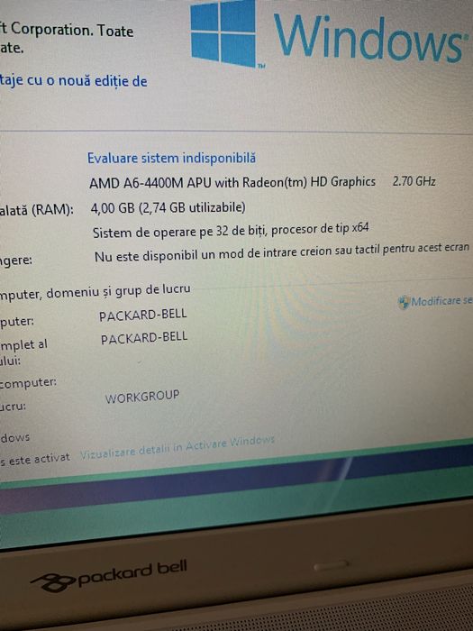 Laptop Packard-bell display 15,6 led,500gb mem,4gb ram,baterie buna.