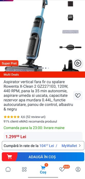 Aspirator vertical Rowenta X-Clean 2, factura și garanție 2 ani Emag