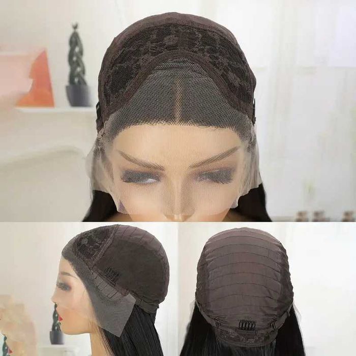 80 см Дантелена черна права перука от висококачествен синтетичен косъм