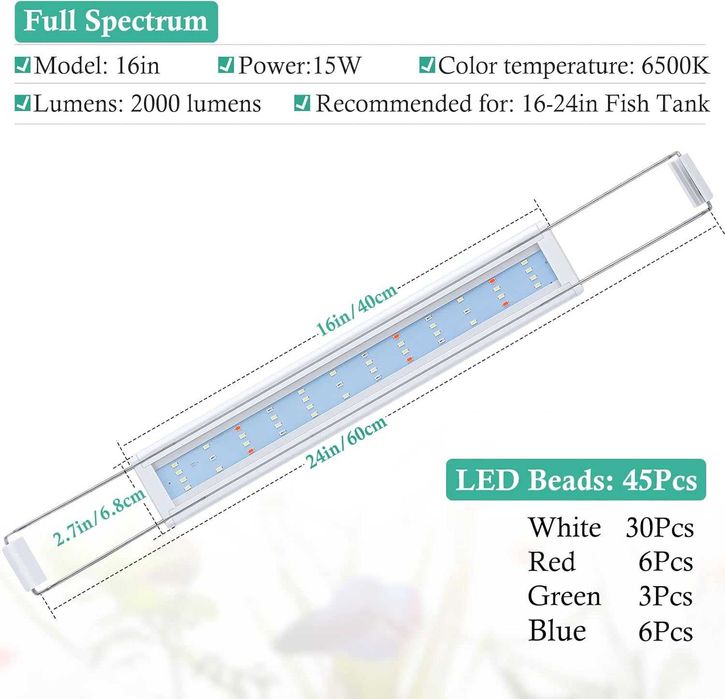 НОВО! LED осветление за аквариум, лампа, 40–60 см, пълен спектър