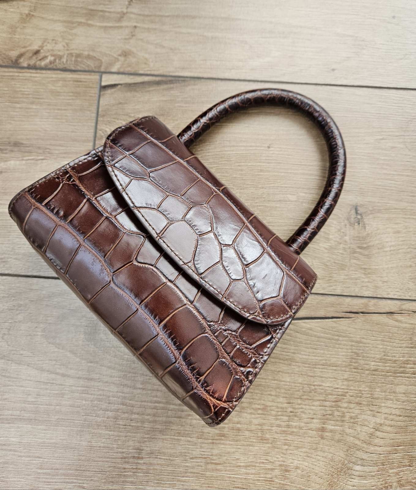 Чанта BY FAR Brown Mini Nutella Croco Top Handle Bag