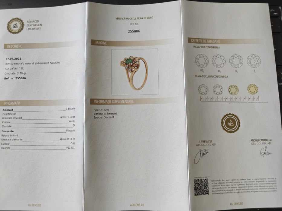 Inel Aur 18K Smarald Diamante Certificat