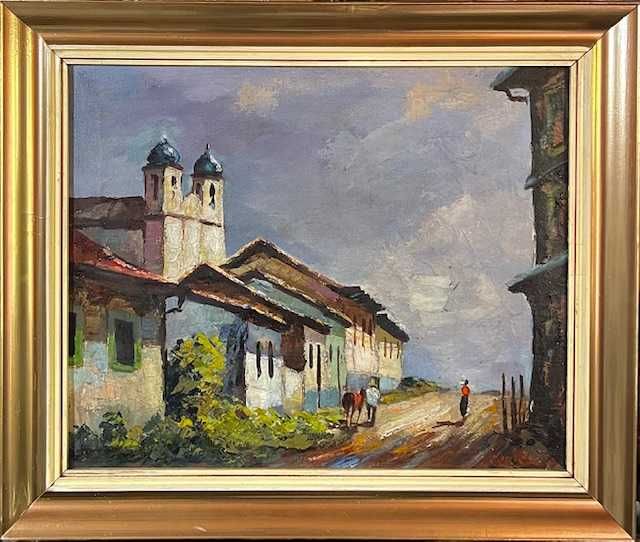 ”Sat Transilvan” SUPERB!-Tablou VECHI, ulei gros/pza, semn+dedic/verso