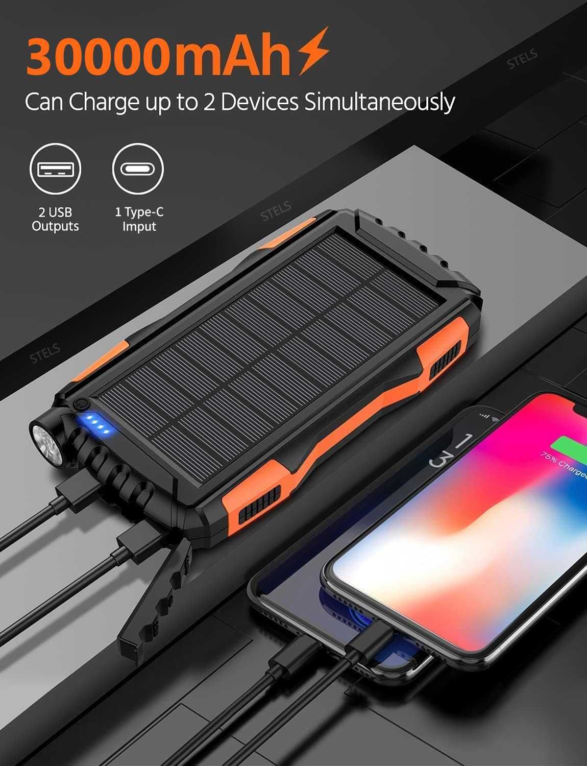Преносима батерия STELS EnergyPlus 30K, 30000mAh, соларен панел, фенер