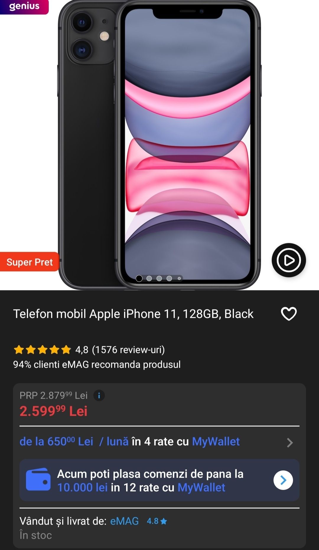 Telefon mobil Apple iPhone 11, 128GB, Black în garantie
