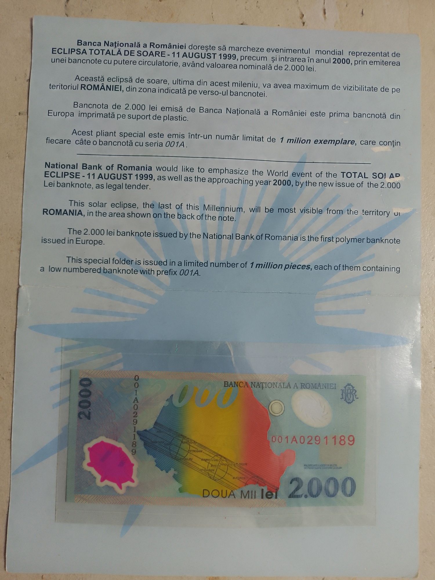 Bancnota 2000 lei Eclipsa 1999,ediție limitată ,seria 1A, nouă