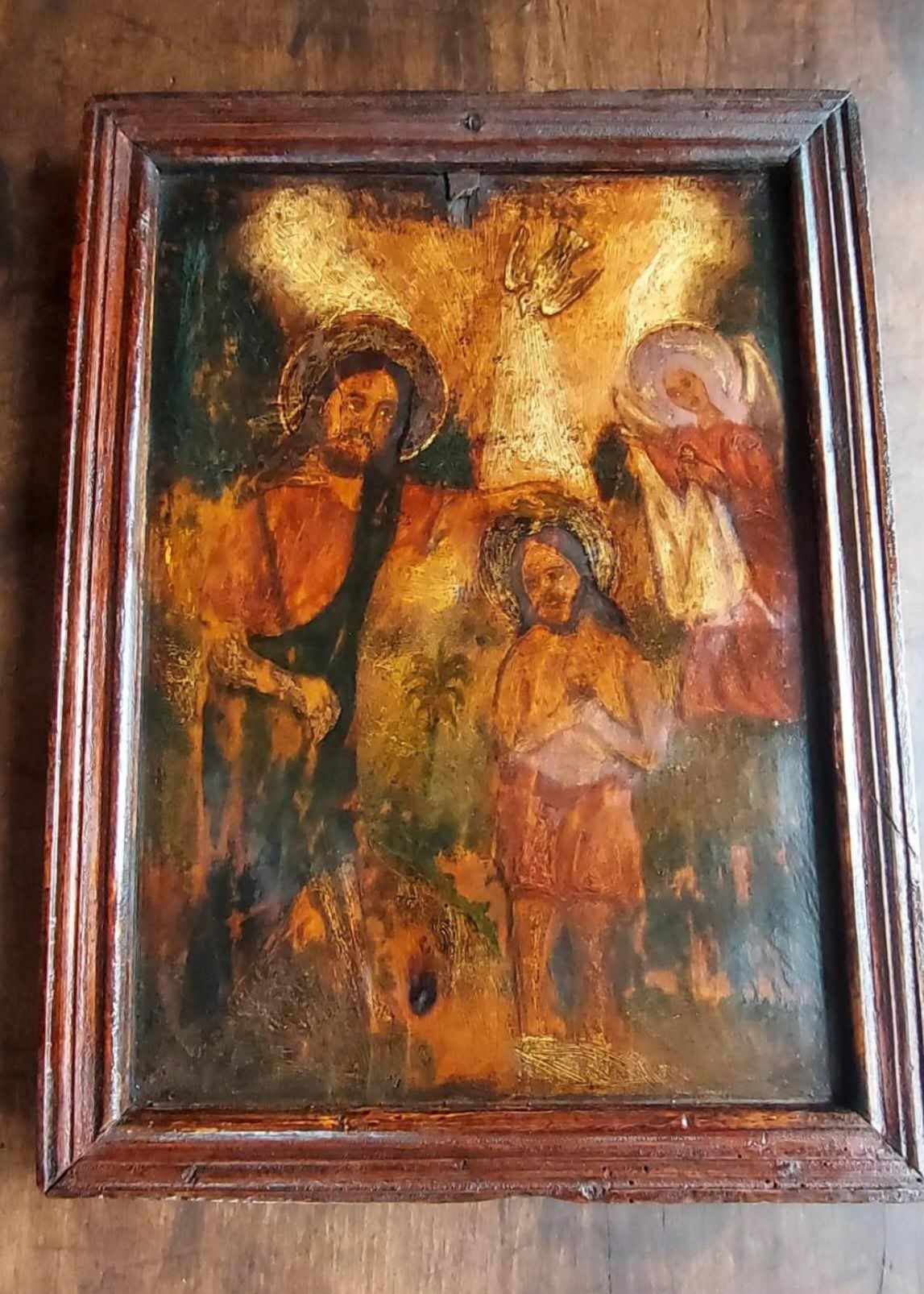 Icoană pictură pe lemn Botezul Domnului anii 1900