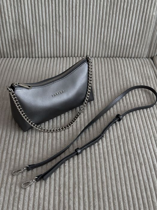 Чанта ZARENA естествена кожа, къса и дълга дръжка, цвят сив / сребрист