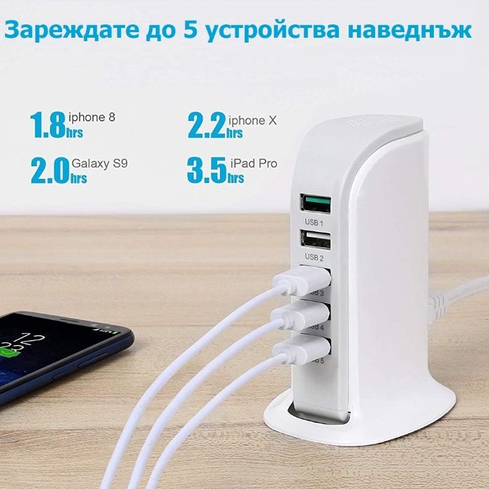 Зарядна станция USB хъб 20W за бързо и лесно презареждане