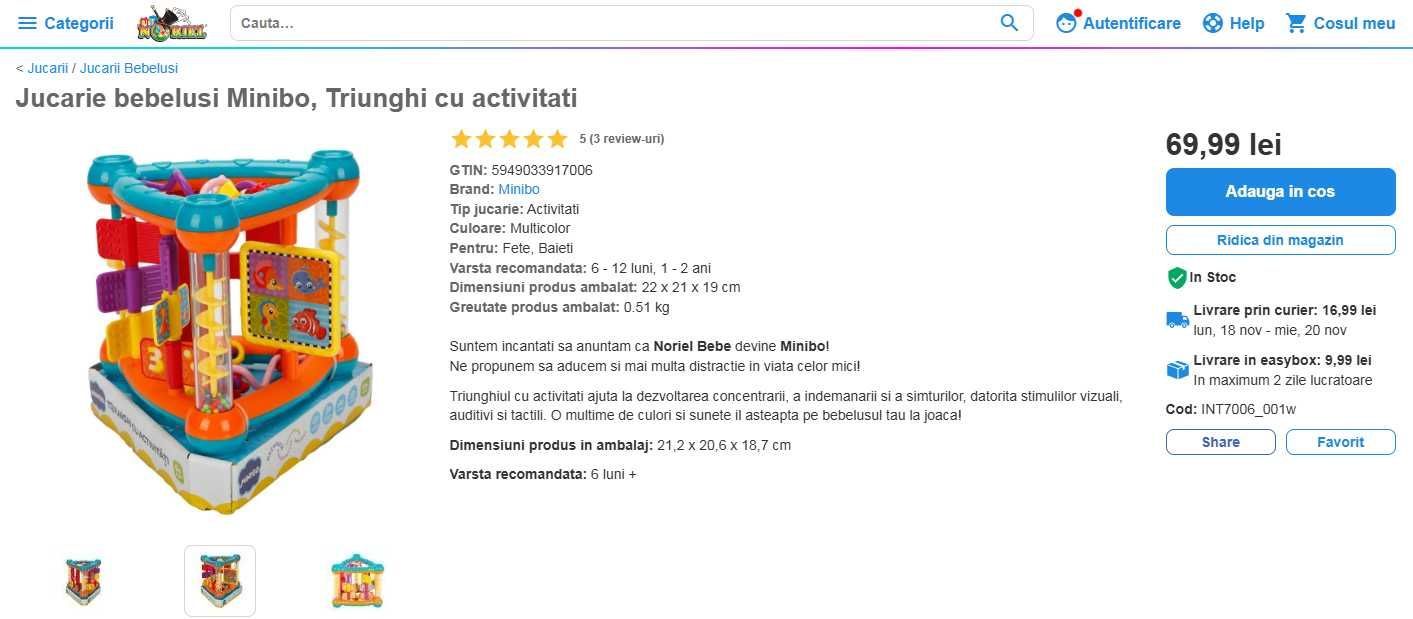 Jucarie bebelusi Minibo, Triunghi cu activitati, Noriel
