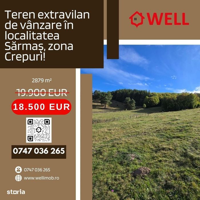 Teren extravilan de vânzare în localitatea Sărmaș, zona Crepuri!