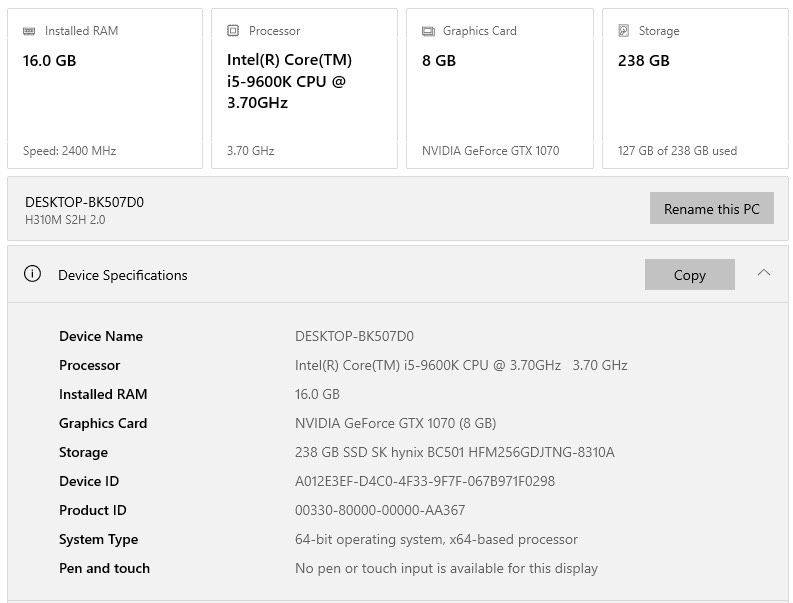 PC i5 9600k - GTX 1070 8GB