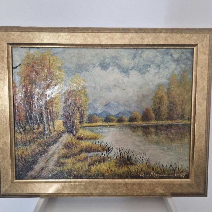 tablou pictat manual-48x38 cm, peisaj, stare perfecta