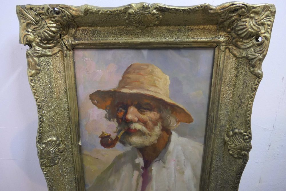 Samuel Bogdanovici Batran cu Pipa Semnat - Rama lemn + Sticla 60/40cm