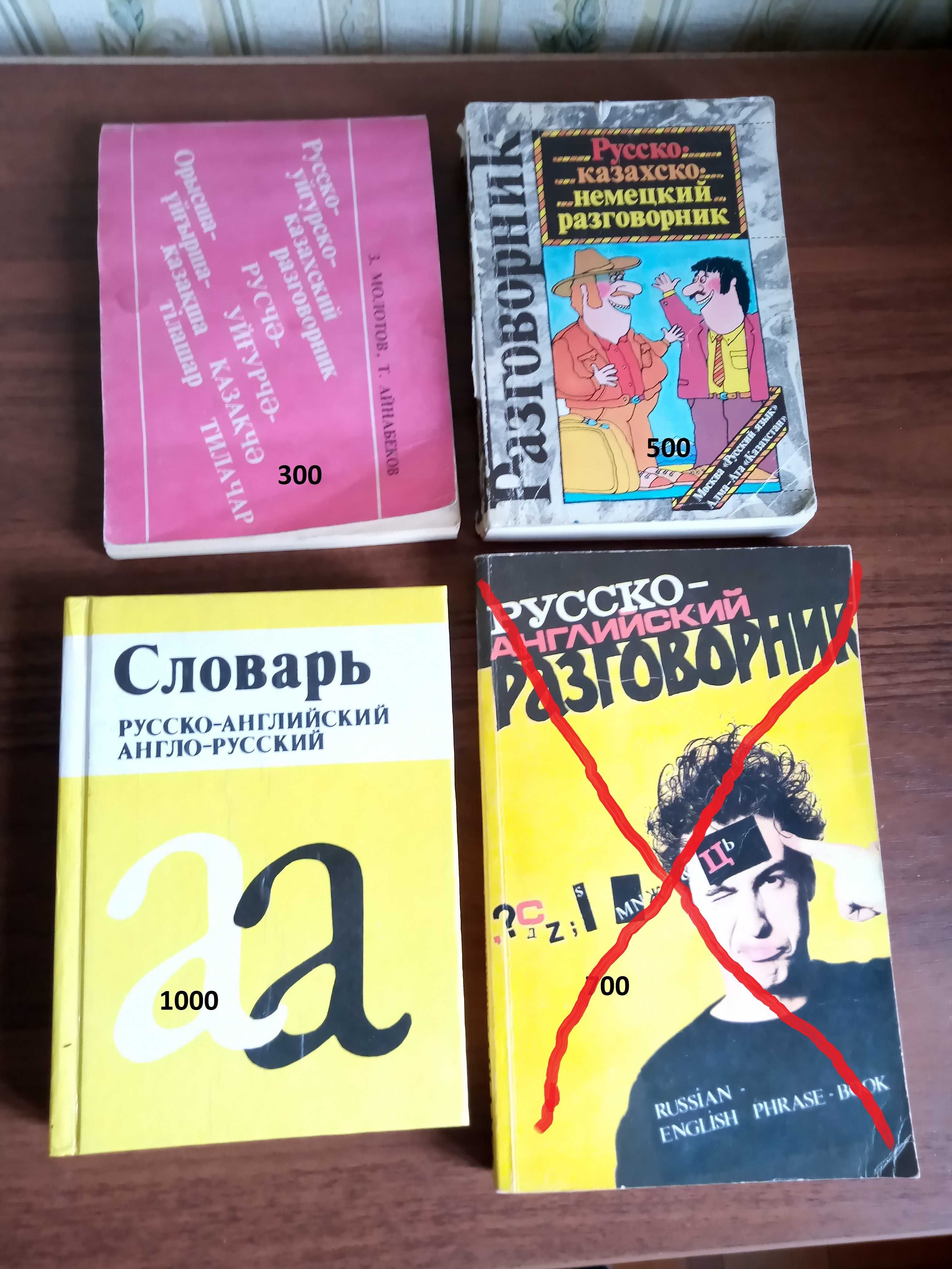 Словари и учебники  по английскому, казахскому и немецкому языкам.