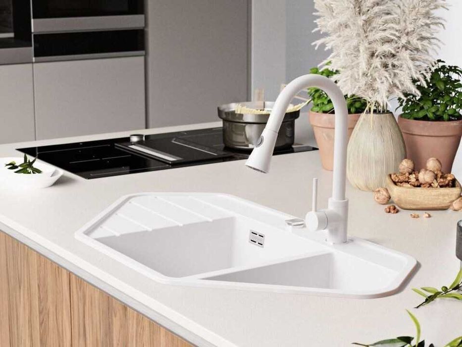 Бяла ъглова кухненска гранитна мивка Копенхаген 900 Corner 900x500 мм