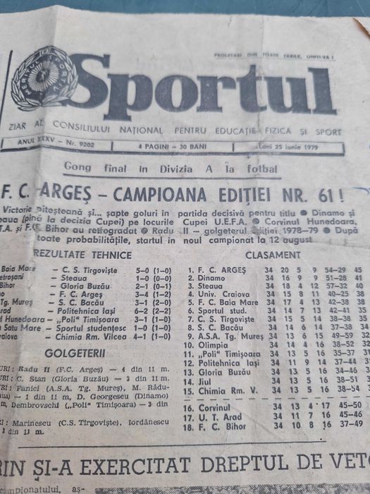 Ziarul Sportul din 25 iunie 1979! FC Arges Campioana Romaniei