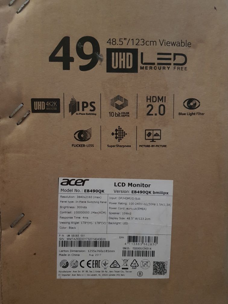 Monitor Acer EB490Q, 49"/124cm, 4K, IPS, Flicker-free