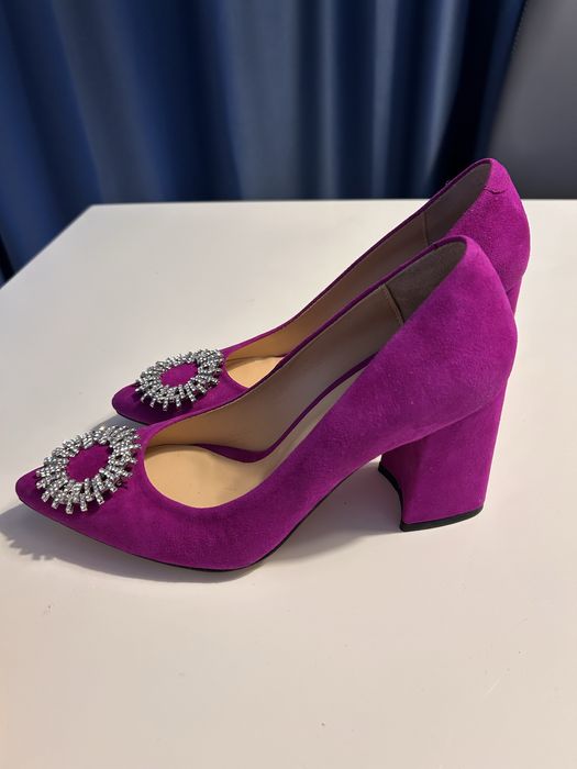 Pantofi fuchsia cu toc gros