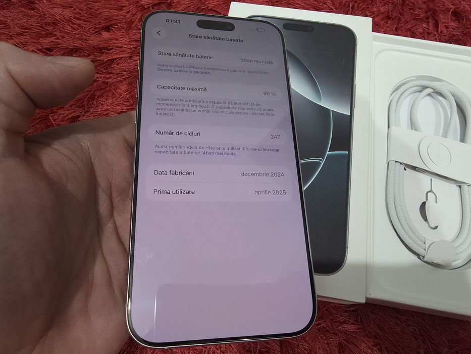-Iphone 16Pro Max, ca Nou, 256Gb, 8Ram, Silver Titanium, ireprosabil,