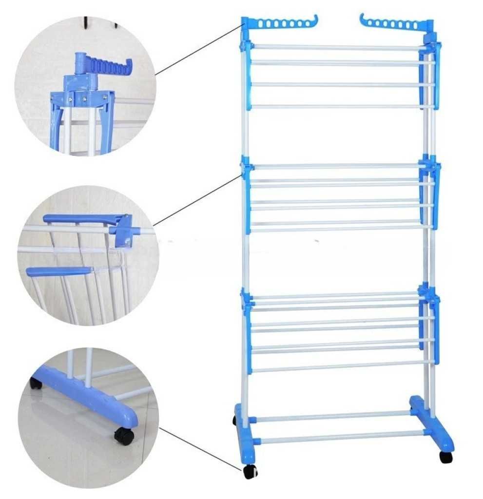 Сушилник за дрехи с 3 нива, колелца и опора за закачалкки