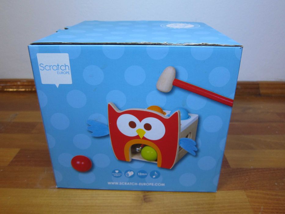 Jucarie lemn bebe/bebelusi Bufnita cu bile, ciocan si clopotel Scratch