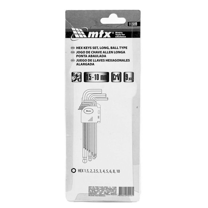 Набор ключей имбусовых HEX, 1,5–10 мм, CrV, 9 шт. с шаром// MTX
