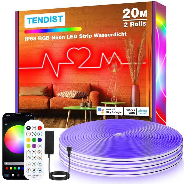 20M RGB LED неонови въжени светлини за открито, IP68 WiFi