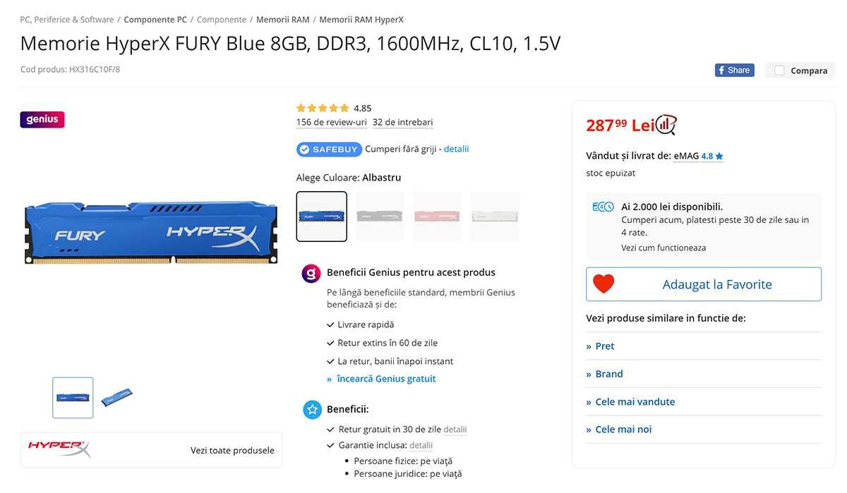 Memorie RAM PC Kingston HyperX Blu 1600MHz, DDR3, 2x4GB si 1x8GB