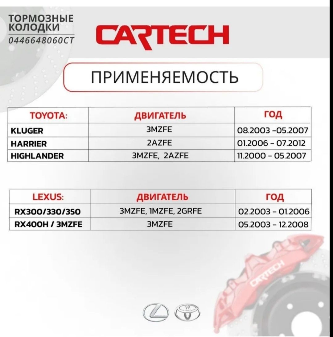 Cartech Колодки тормозные дисковые Задние Lexus rx, Лексус рх,