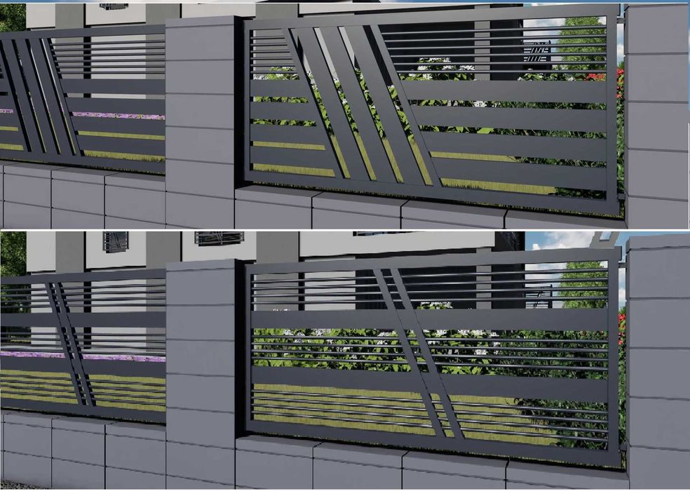 Porti si gard metalice, fier forjat, stil jaluzea, combinate cu WPC
