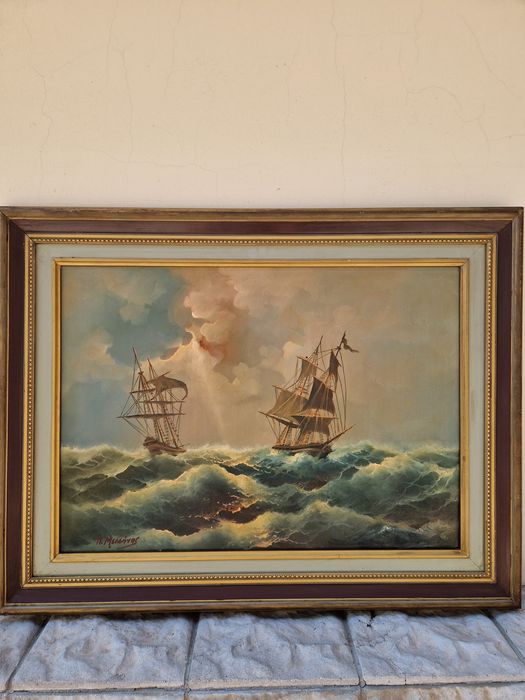 Страхотна антикварна авторска картина масло върху платно