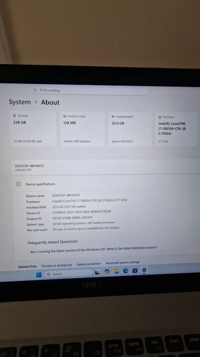 Laptop performant Dell, i7, 32 GB, Windows 11