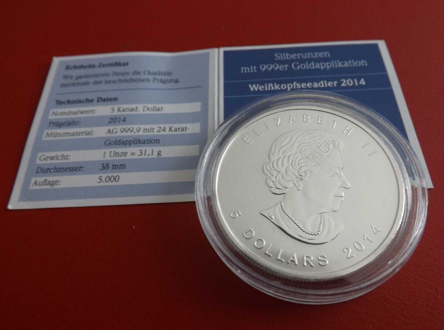 5 долара Канада 2014  1oz Silver Bald Eagle, Unc. (Rare)