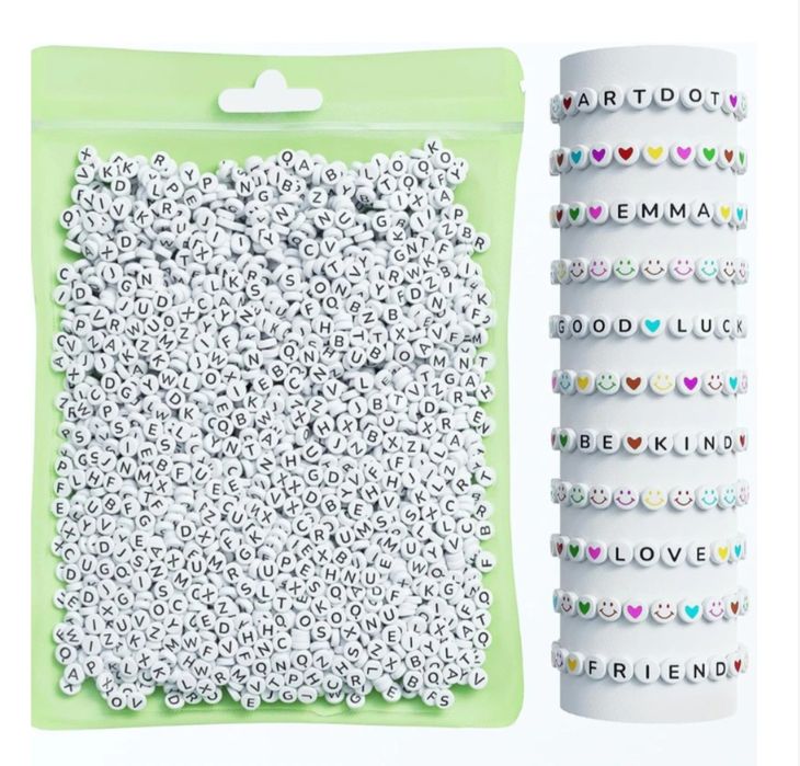 Margele albe rotunde cu litere negre, 800 buc, alfabet A-Z