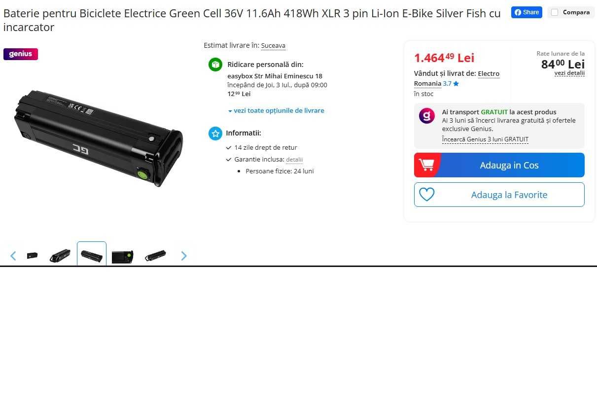 Baterie Bicicletă GreenCell 36V Li-Ion Silver Fish cu incarcator